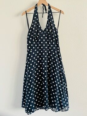 Jones New York Navy Polka Dot Halter Midi Dress Size 10 Cotton